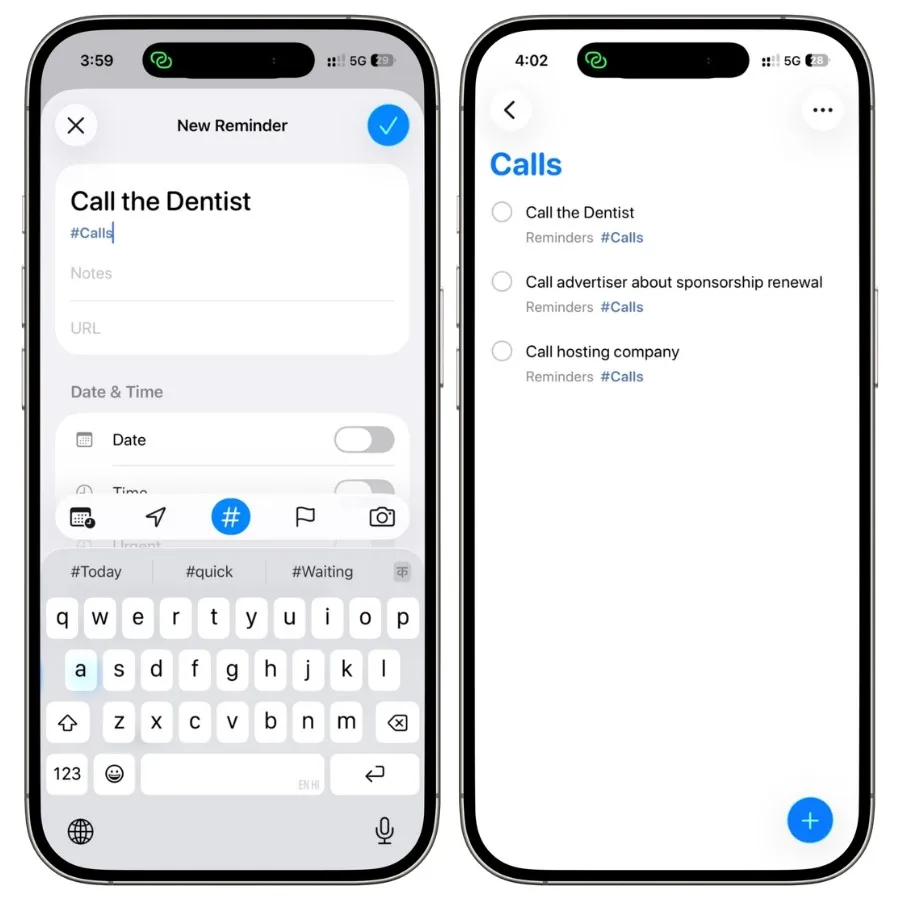 Reminders in Apple Reminders labeled with the #calls tag for phone calls and follow-ups