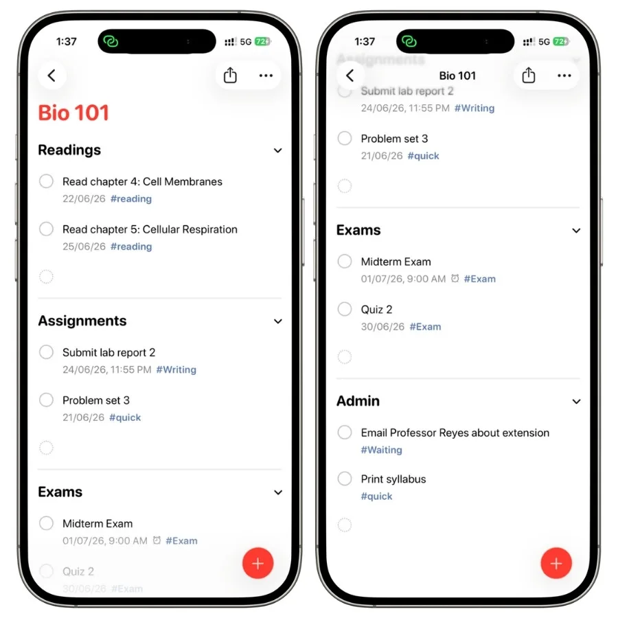 Screenshot showing an Apple Reminders class list organized into sections for Readings, Assignments, Exams, and Admin