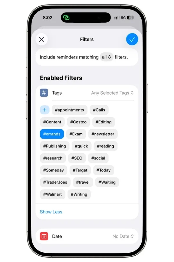 Apple Reminders Smart List configured to show reminders tagged with #errands that have no due date