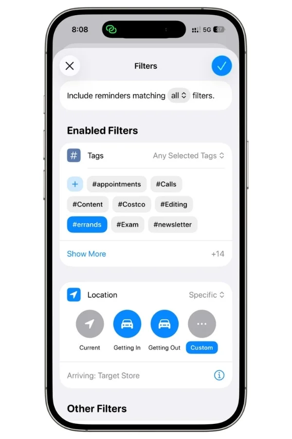 Apple Reminders Smart List configured with the #errands tag and a specific location filter to show store-related tasks