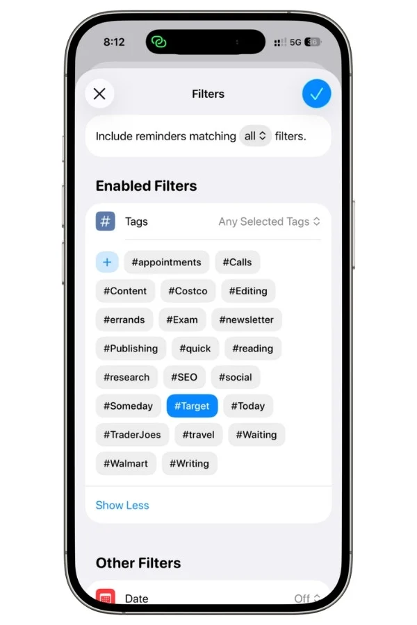 Apple Reminders Smart List showing a store-specific grocery list filtered by a shopping tag