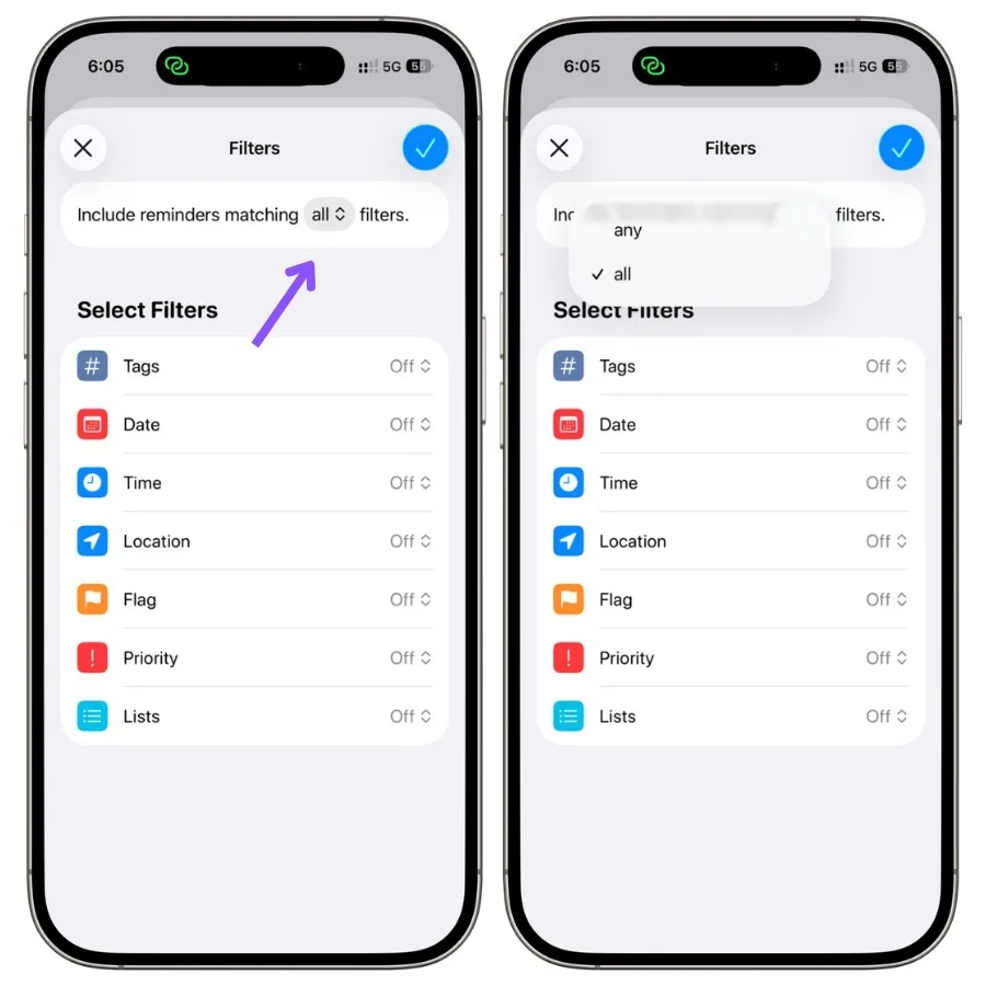 Apple Reminders Smart List settings showing the Match All and Match Any Filters options