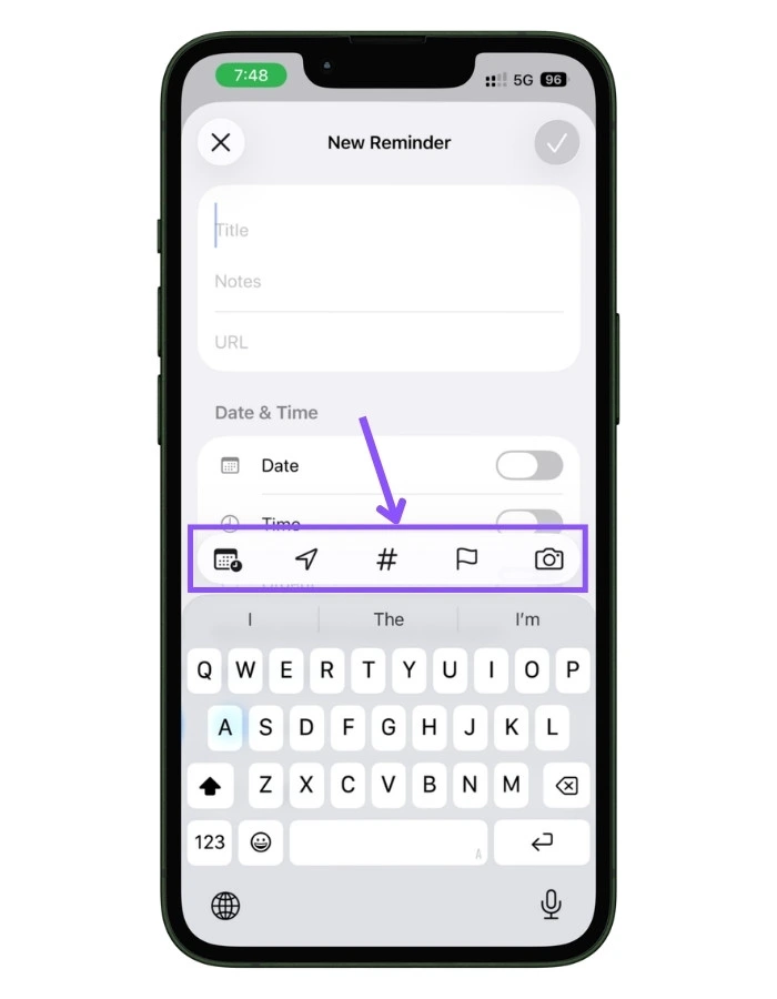Apple Reminders showing reminder options for adding a date, location, tag, flag, or attachment while creating a new reminder.