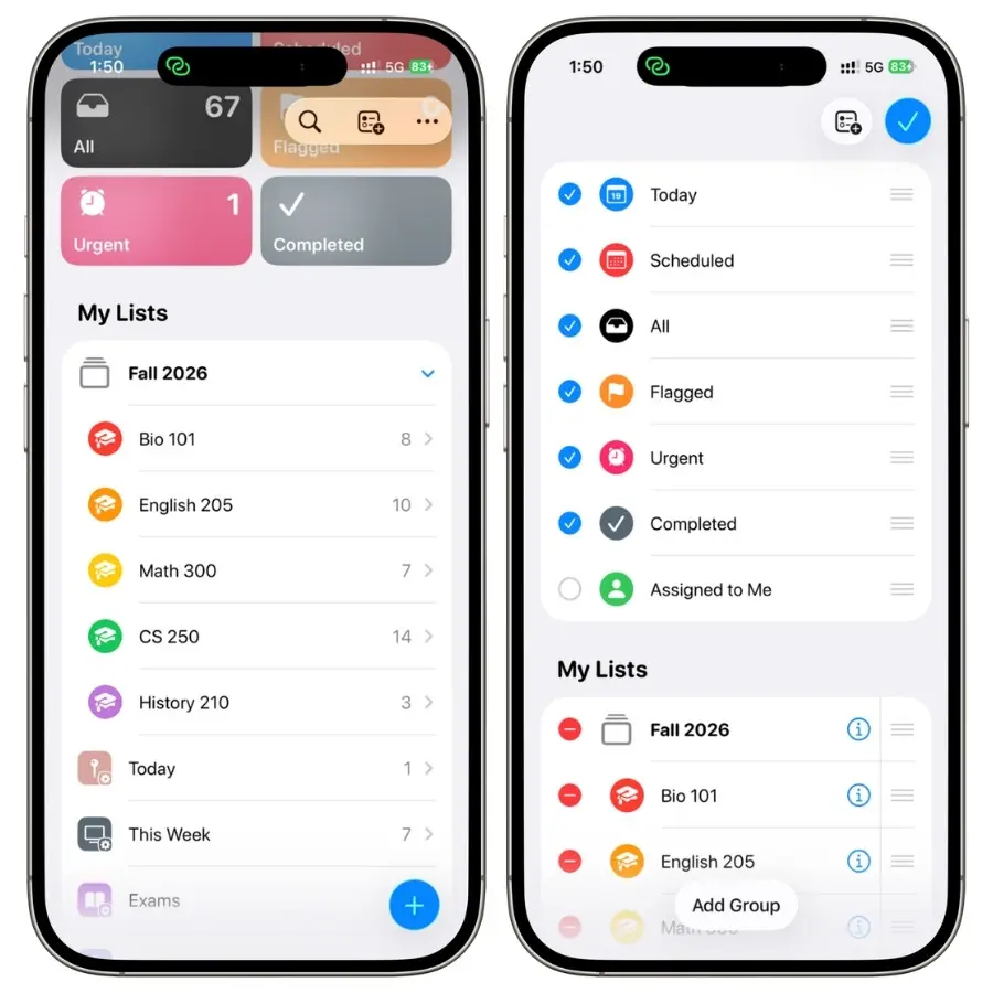 Screenshot showing a semester group in Apple Reminders containing multiple class lists alongside the Add Group option used to create and organize course lists under a single heading