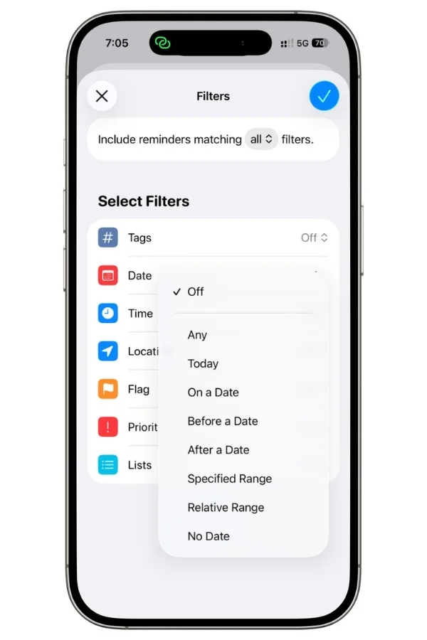 Apple Reminders Smart List date filter options