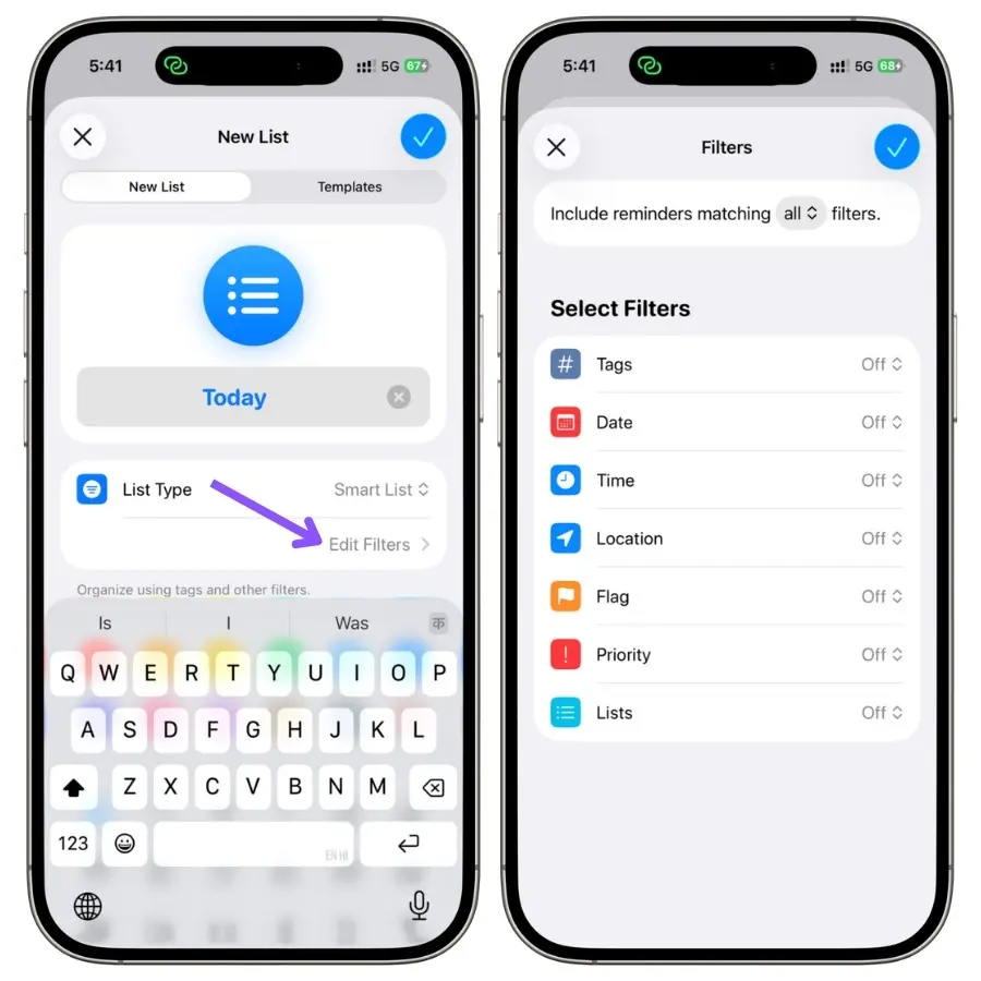 Edit Filters screen in Apple Reminders showing available Smart List filter options