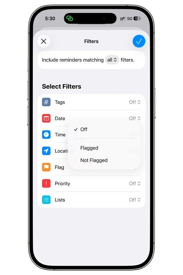Apple Reminders Smart List flag filter options