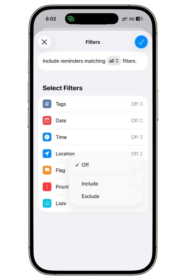 Apple Reminders Smart List lists filter options