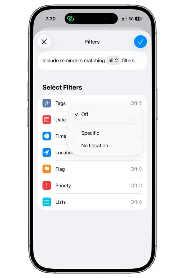 Apple Reminders Smart List location filter options