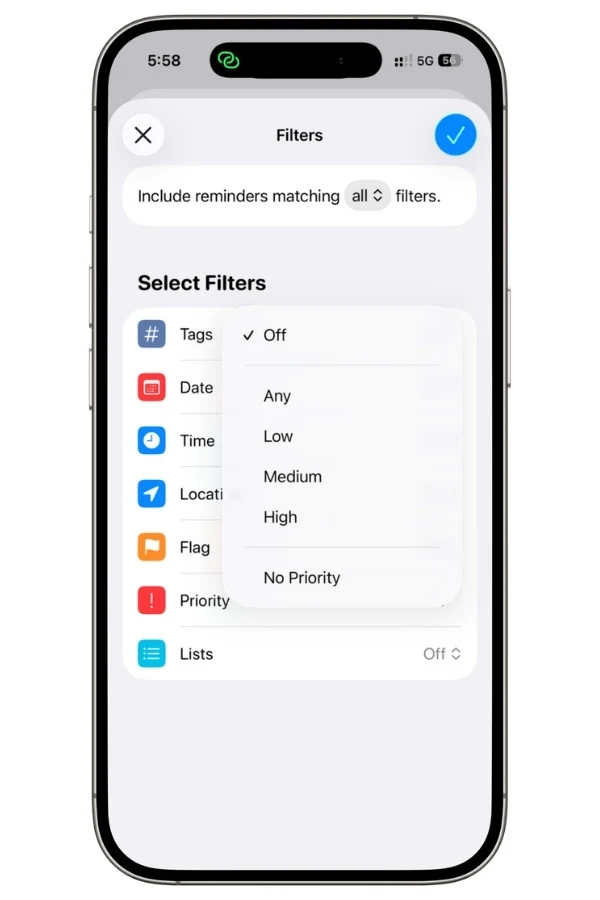 Apple Reminders Smart List priority filter options
