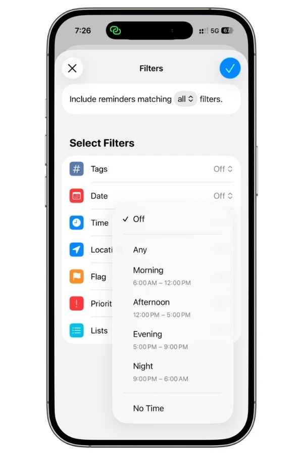 Apple Reminders Smart List time filter options