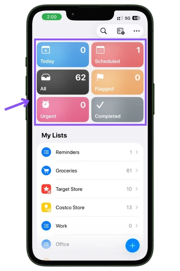 Apple Reminders home screen displaying built-in smart lists such as Today, Scheduled, All, and Flagged.