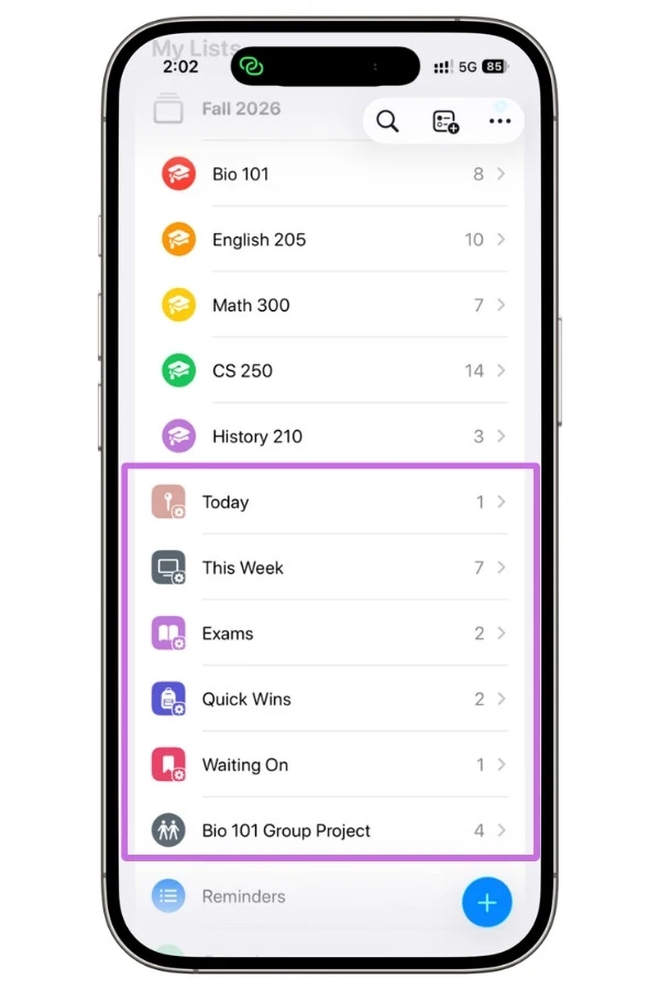 Screenshot showing an Apple Reminders Smart List configured to pull tasks from multiple classes, creating a single dashboard for managing student coursework and deadlines