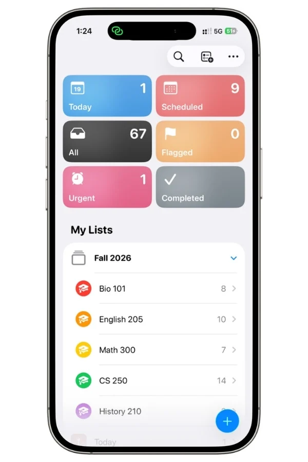 Apple Reminders home screen showing a mix of built-in and custom Smart Lists alongside student-created reminder lists