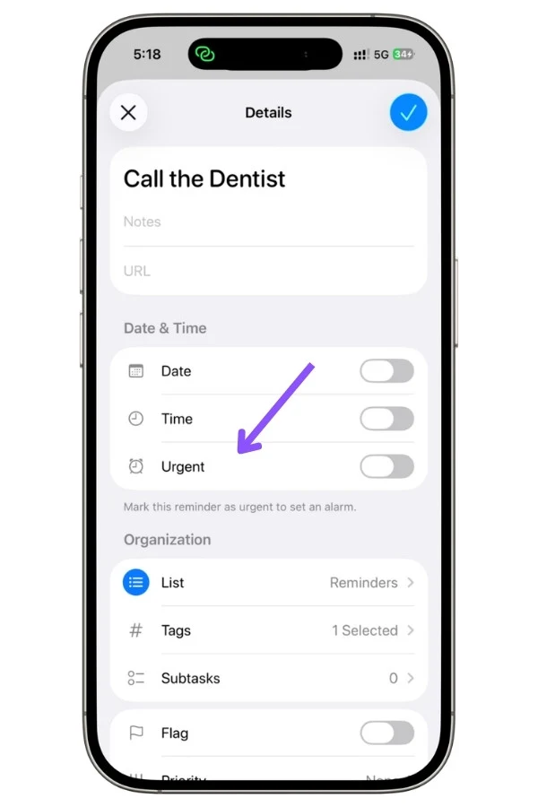 Apple Reminders reminder details screen showing the Urgent option