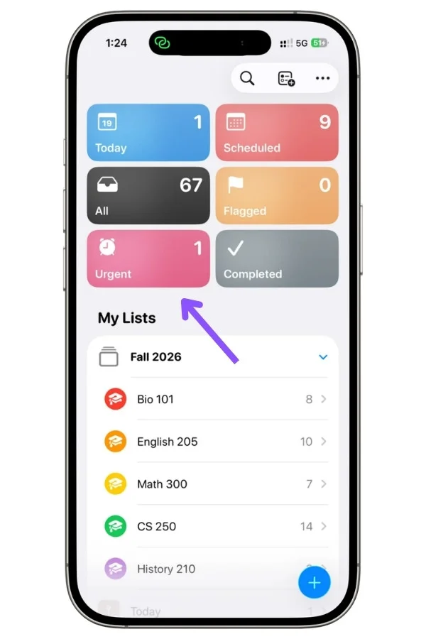Screenshot showing Apple Reminders with the built-in Urgent list