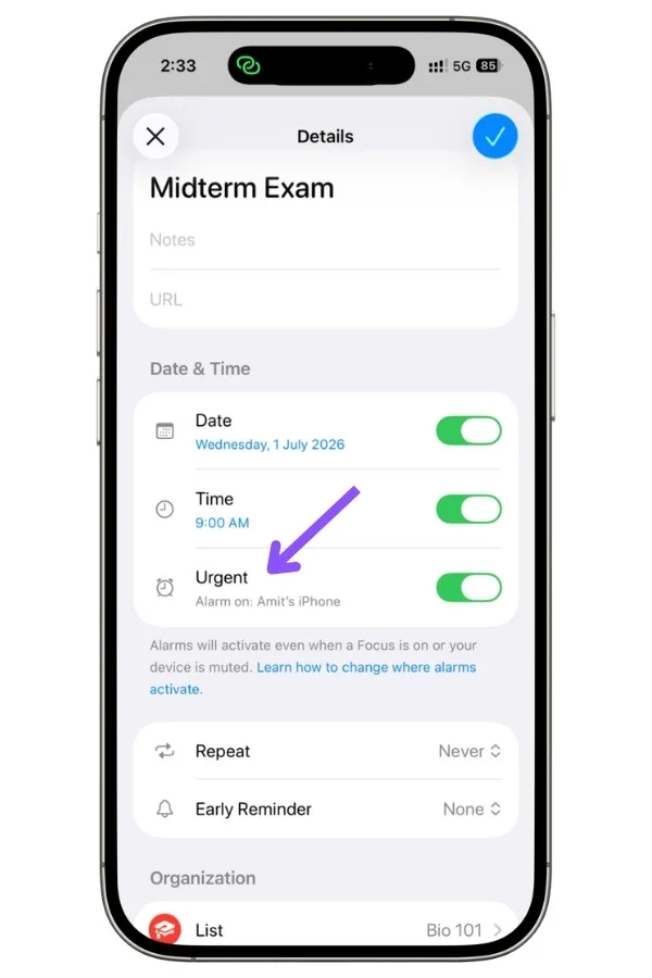 Screenshot showing the Urgent toggle in Apple Reminders task settings