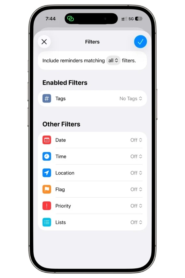 Apple Reminders Smart List configured to display reminders tagged with #waiting for tasks awaiting a response