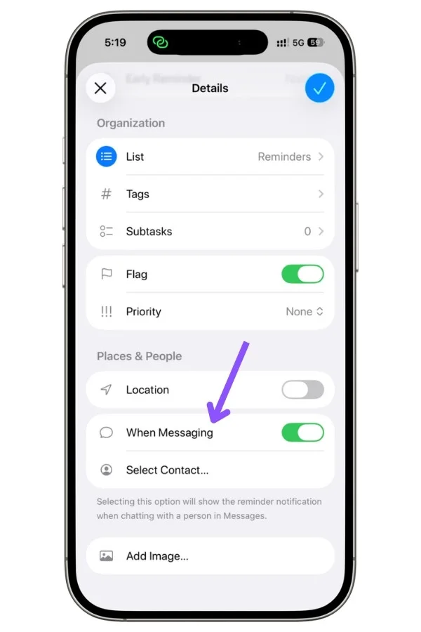Screenshot showing the When Messaging option in Apple Reminders