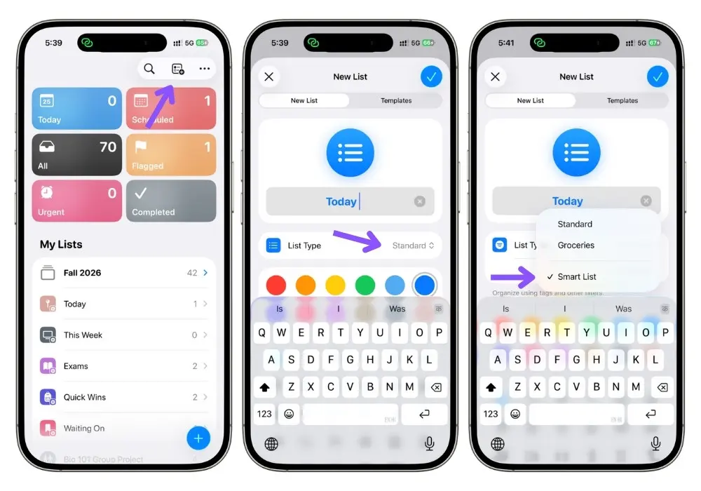 Creating a Smart List in Apple Reminders by selecting Smart List from the List Type menu