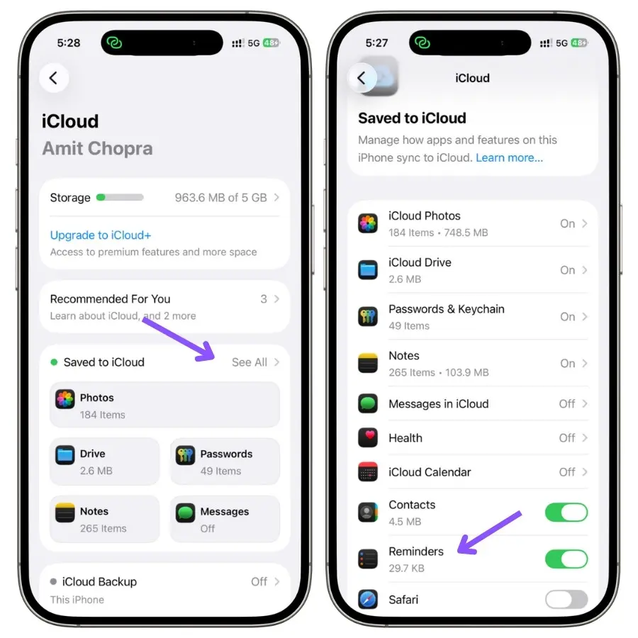 iPhone iCloud settings showing Reminders enabled for syncing through iCloud