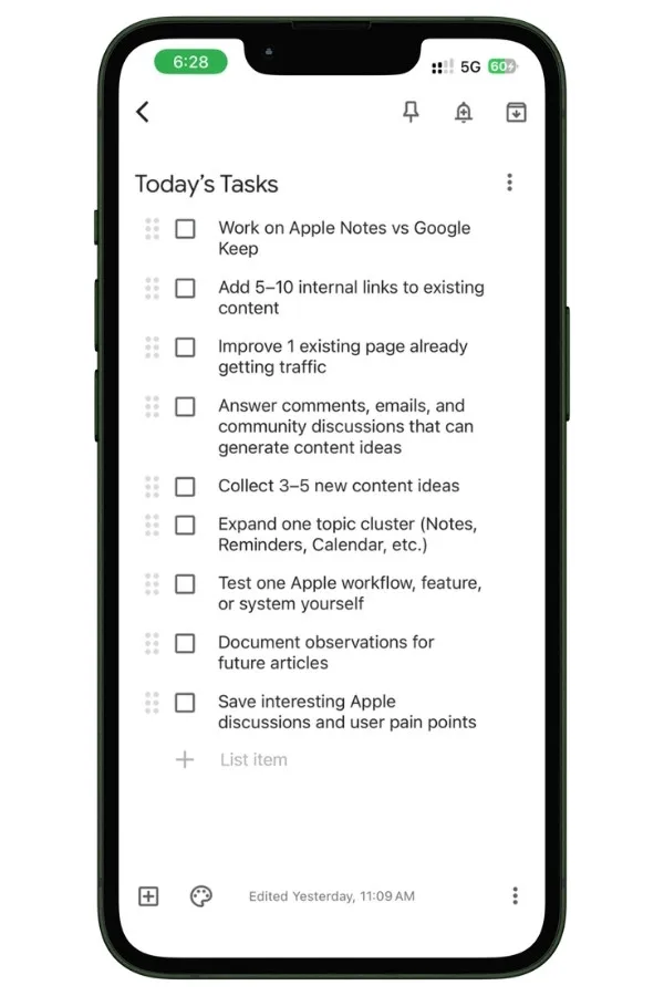 Screenshot showing a Google Keep note with multiple checklist items