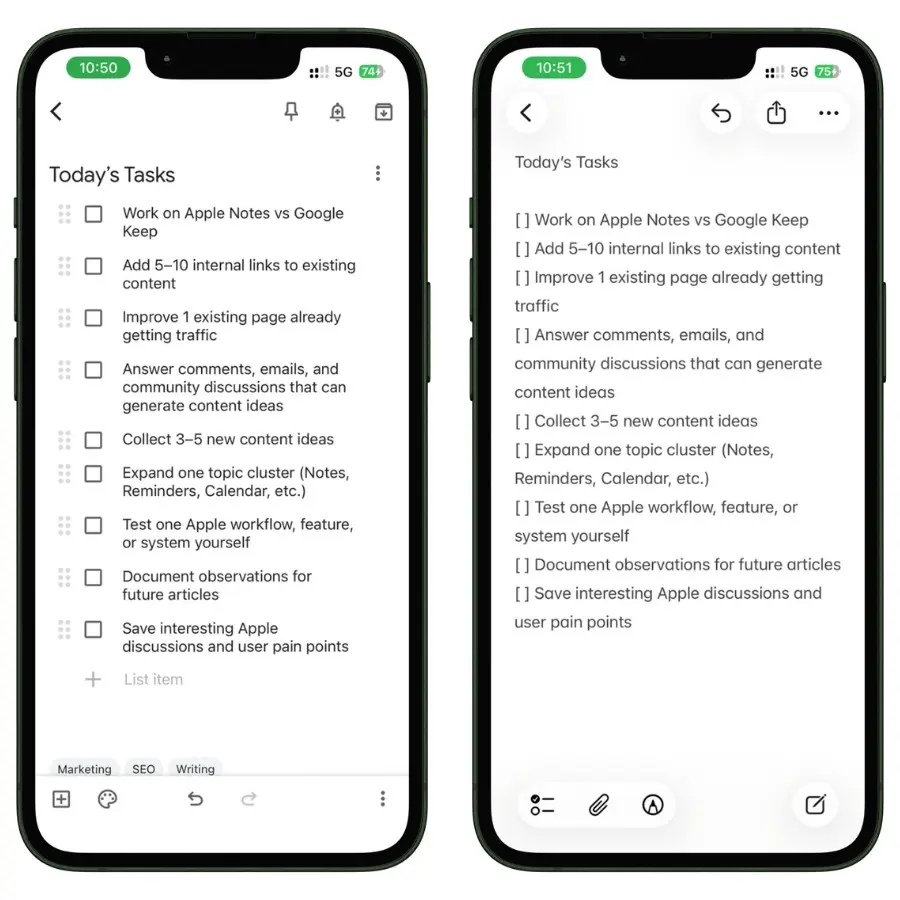 Screenshot showing a Google Keep checklist imported into Apple Notes as text with [ ] brackets before each item