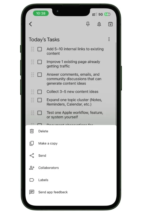 creenshot showing the Collaborators option in Google Keep for inviting other people