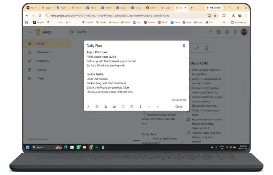 Screenshot showing a Google Keep note on desktop with headings and text formatting applied
