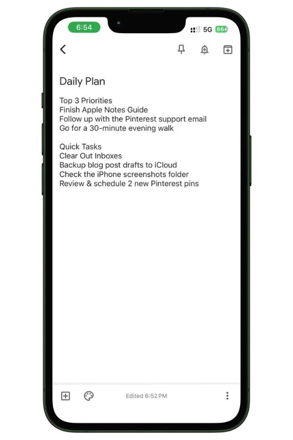 Screenshot showing the same Google Keep note on iPhone with the headings and bold text formatting missing