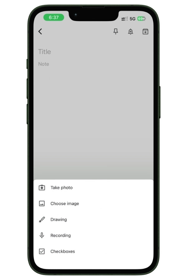 Screenshot showing the Google Keep insert menu on iPhone with options for taking a photo, choosing an image, drawing, recording audio, and creating checklists