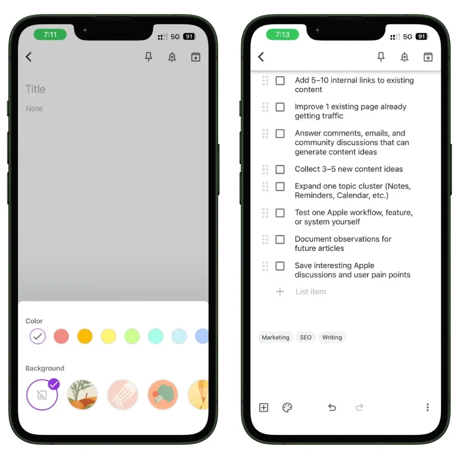 Screenshot showing Google Keep notes with labels, color-coded note backgrounds, and illustrated note themes