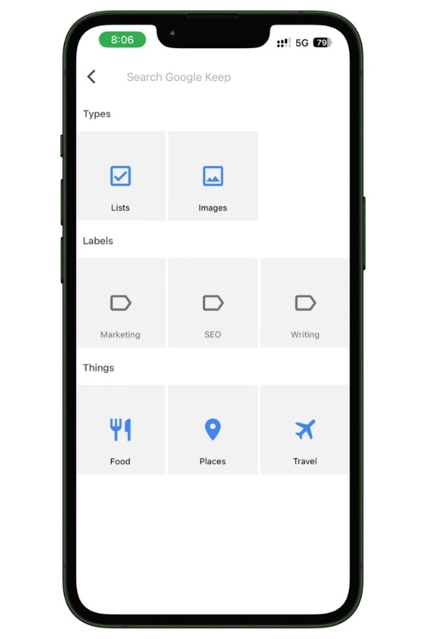 Screenshot showing Google Keep search filters with automatically generated chips for note types and detected content categories