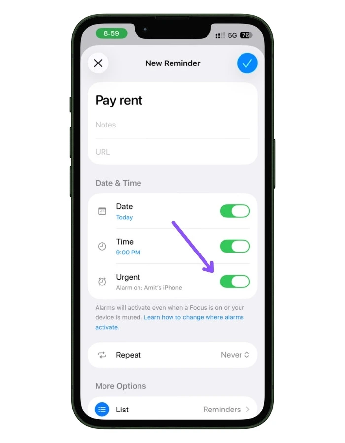 Apple Reminders showing the Urgent option enabled for a time-sensitive reminder.