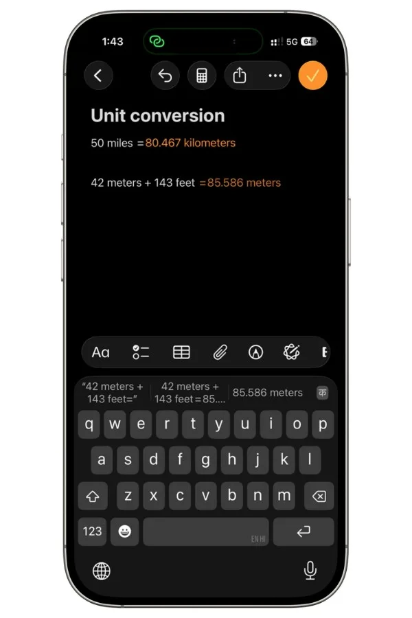 Mixed-unit calculation in Apple Math Notes combining meters and feet into a single result