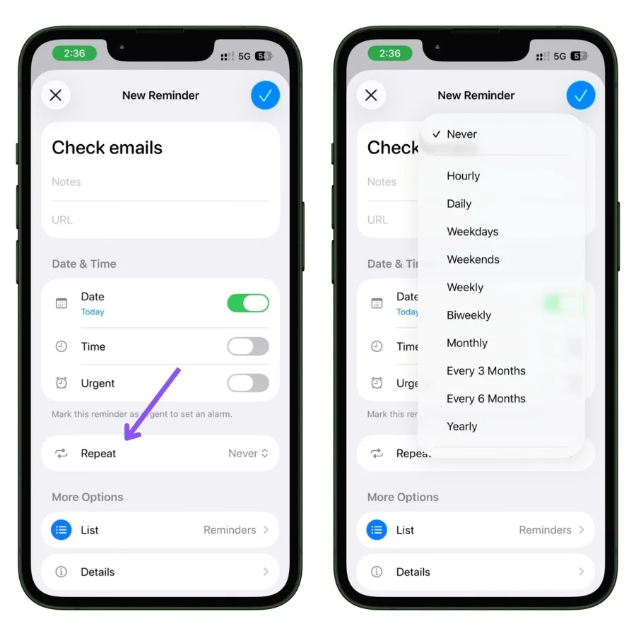Screenshot showing how to create a recurring daily habit reminder in Apple Reminders