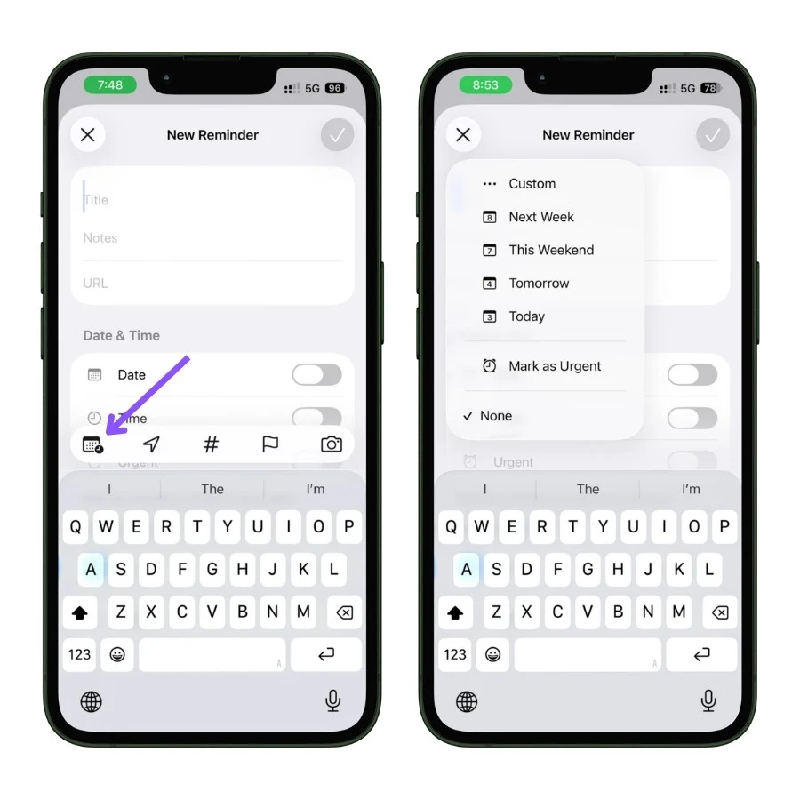 Apple Reminders showing quick date options including Today, Tomorrow, This Weekend, Next Week, and Custom.