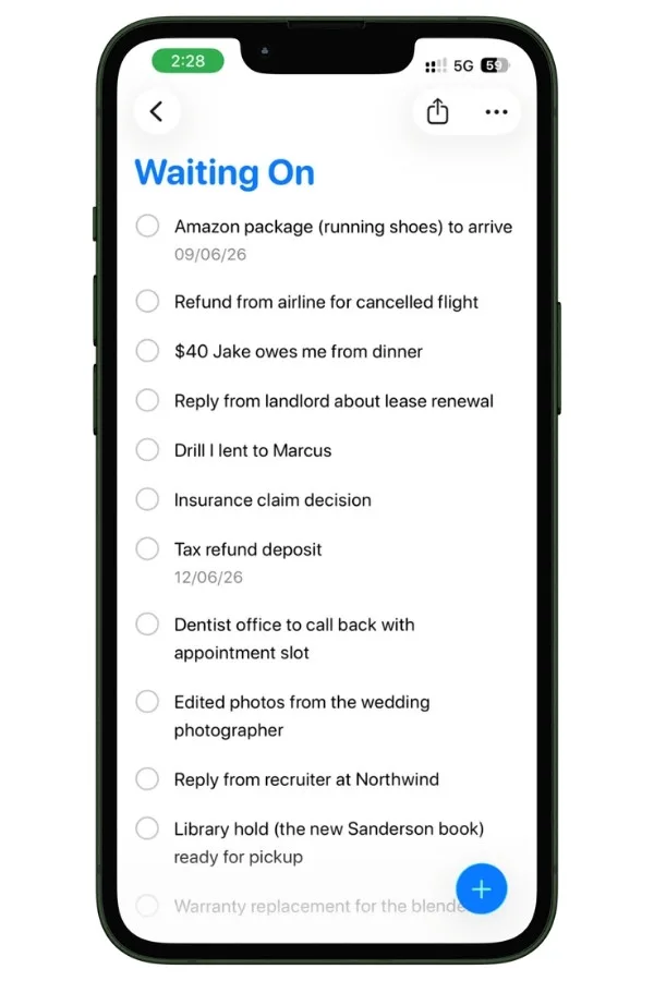 Screenshot showing my own Waiting On list in Apple Reminders