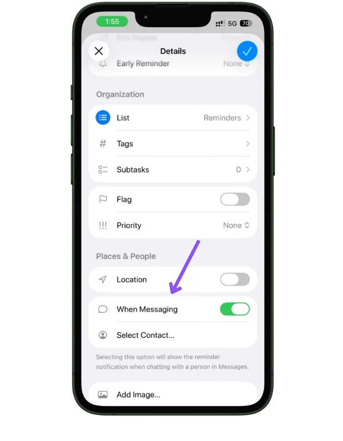 Apple Reminders details screen showing the location of the When Messaging reminder option.