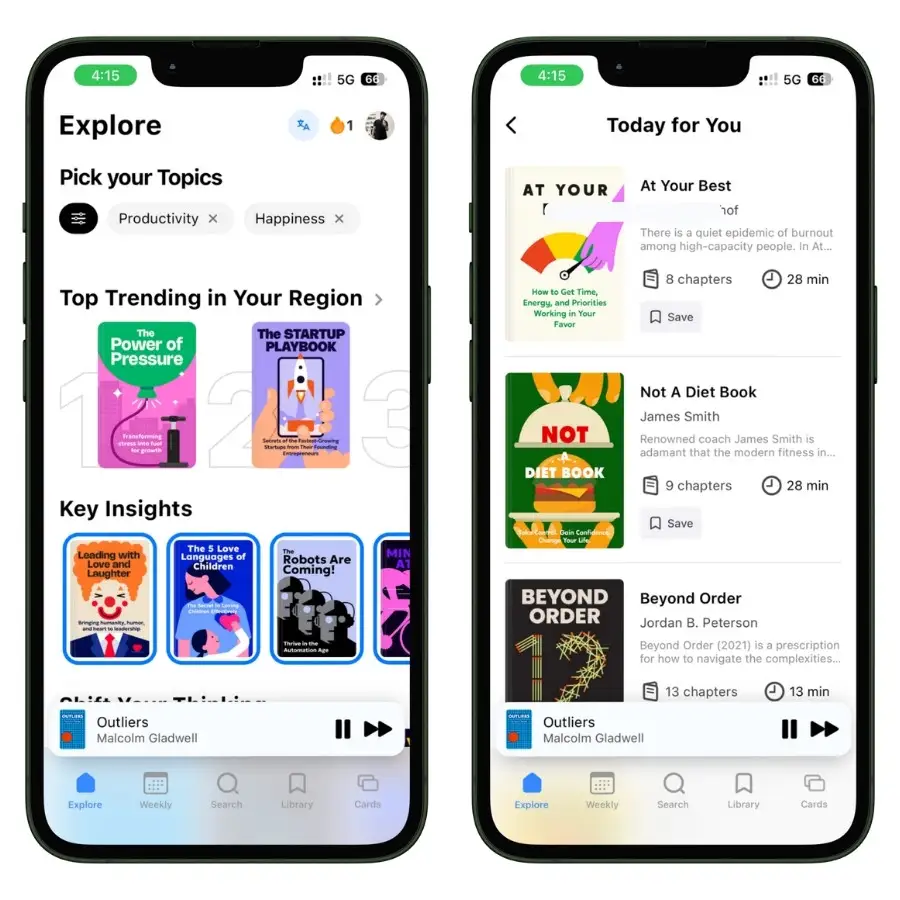 Home screen of the Wiser app displaying a library of book summaries with illustrated book covers.