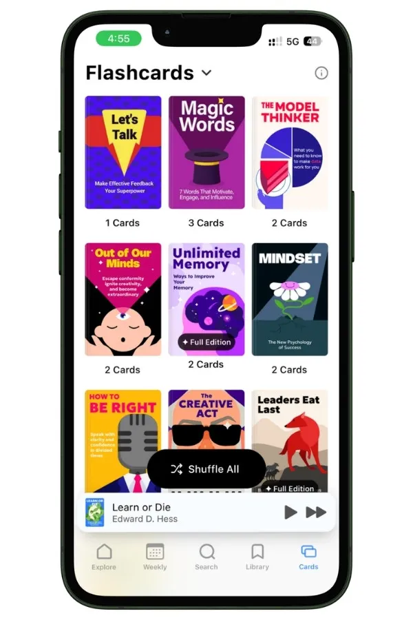 Cards section in the Wiser app showing saved highlights as flashcards for review.