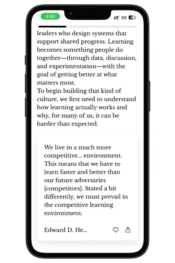 Quote card in the Wiser app with options to save an insight or share it as an image.