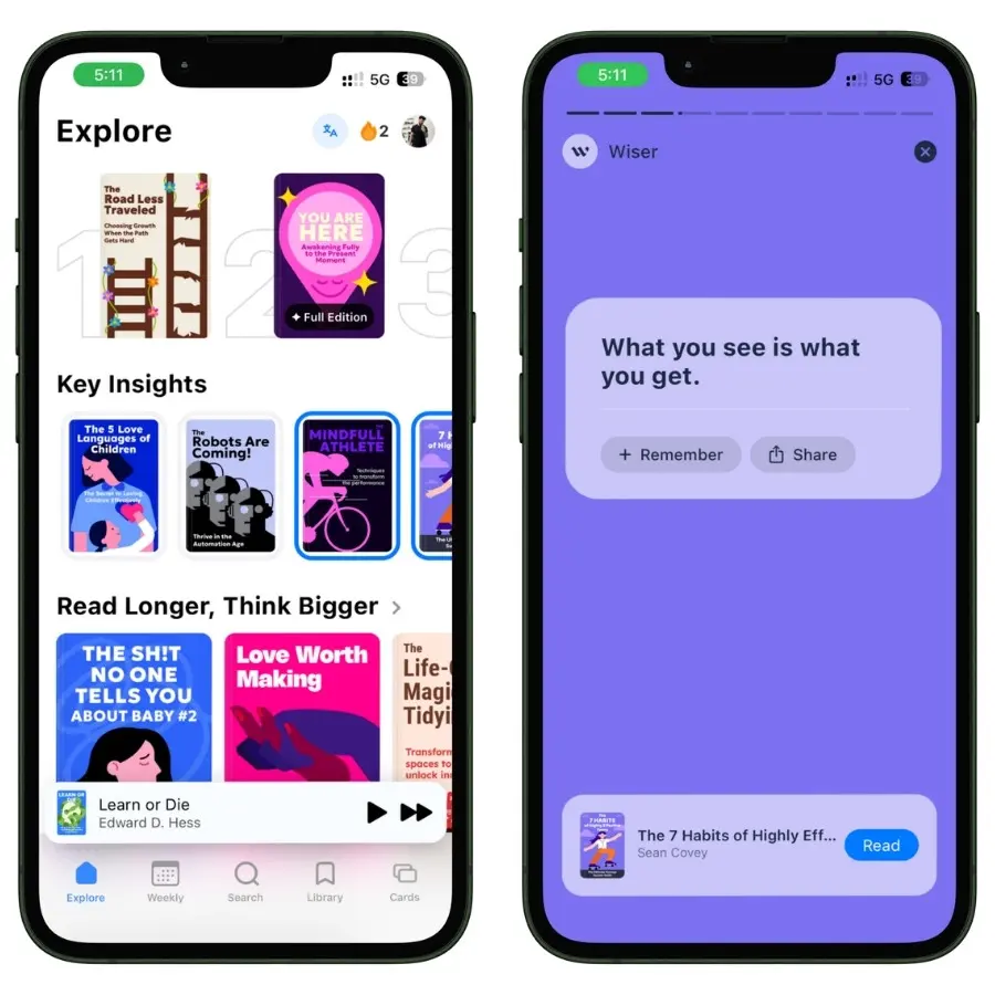 Key Insights section in the Wiser app displaying bite-sized ideas from different books.