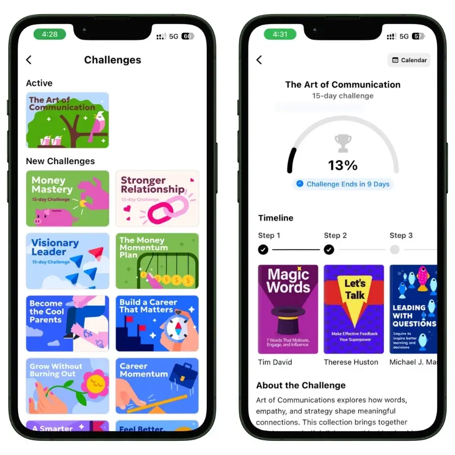 Challenges section in the Wiser app showing themed multi-day reading programs based on book summaries.