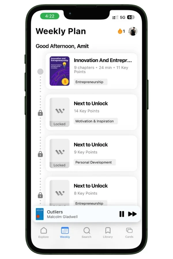 Weekly Plan tab in the Wiser app showing a guided sequence of book summaries.