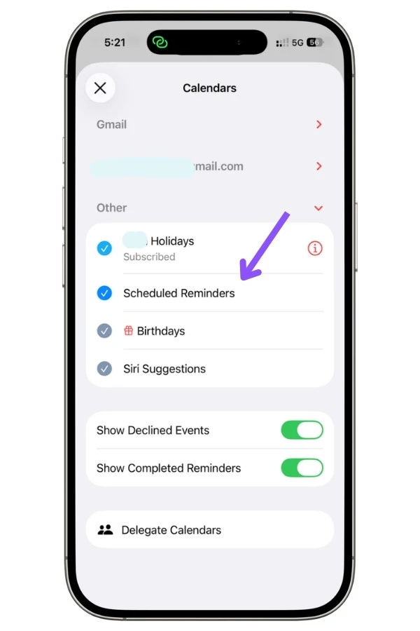 Apple Calendar showing the Scheduled Reminders toggle