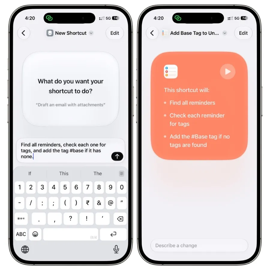 Apple Intelligence prompt alongside the generated Shortcuts automation