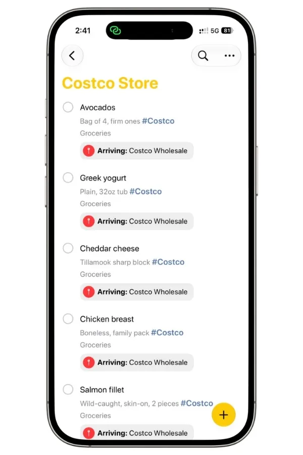 Apple Reminders Costco shopping list showing bulk household and grocery items
