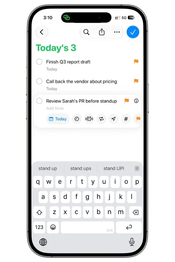 Apple Reminders Daily 3 Priorities list showing the three most important tasks for the day