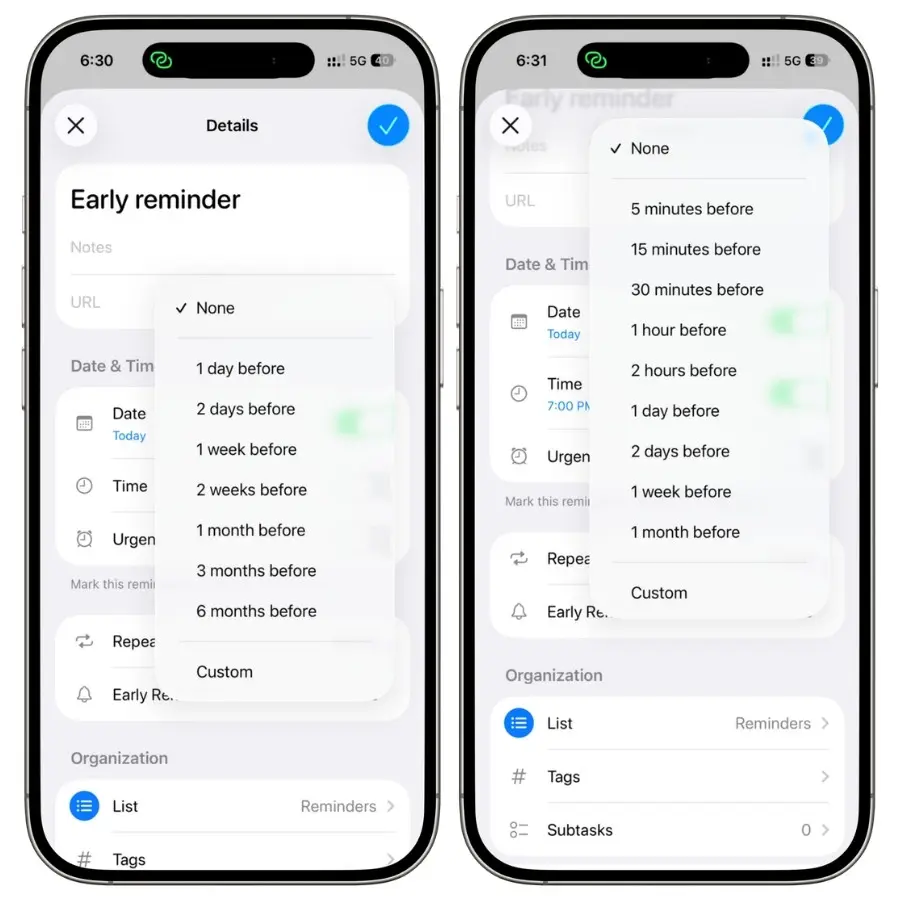 Side-by-side comparison of Apple Reminders Early Reminder preset menus with and without a due time